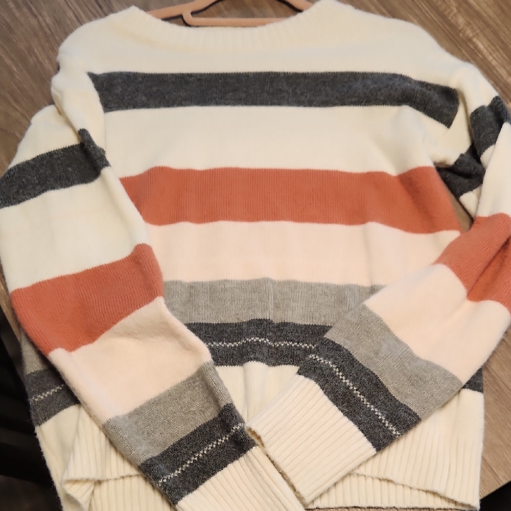 Crewneck Striped Sweater - Cream with Rust & Gray Stripes